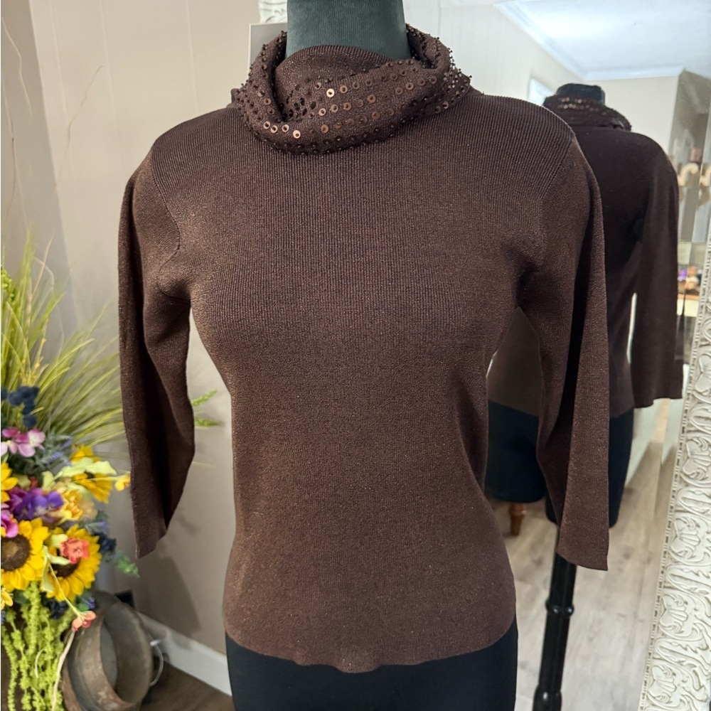 Joseph A. • Silk Ribbed Metallic Sequin Turtleneck 3/4 Sleeve Blouse